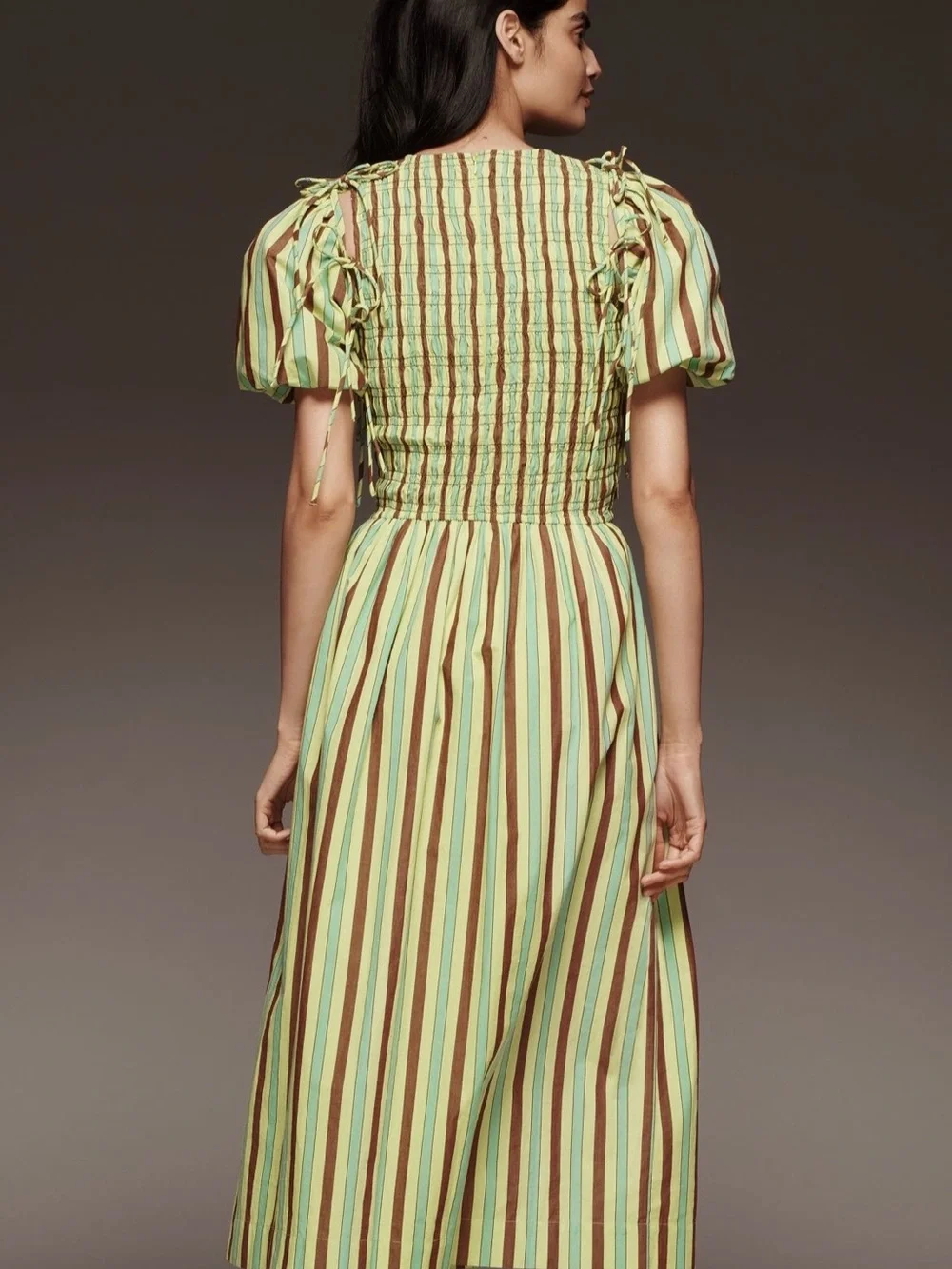 Striped Puff-Sleeve Midi Dress in Green - Picture 2 of 4
